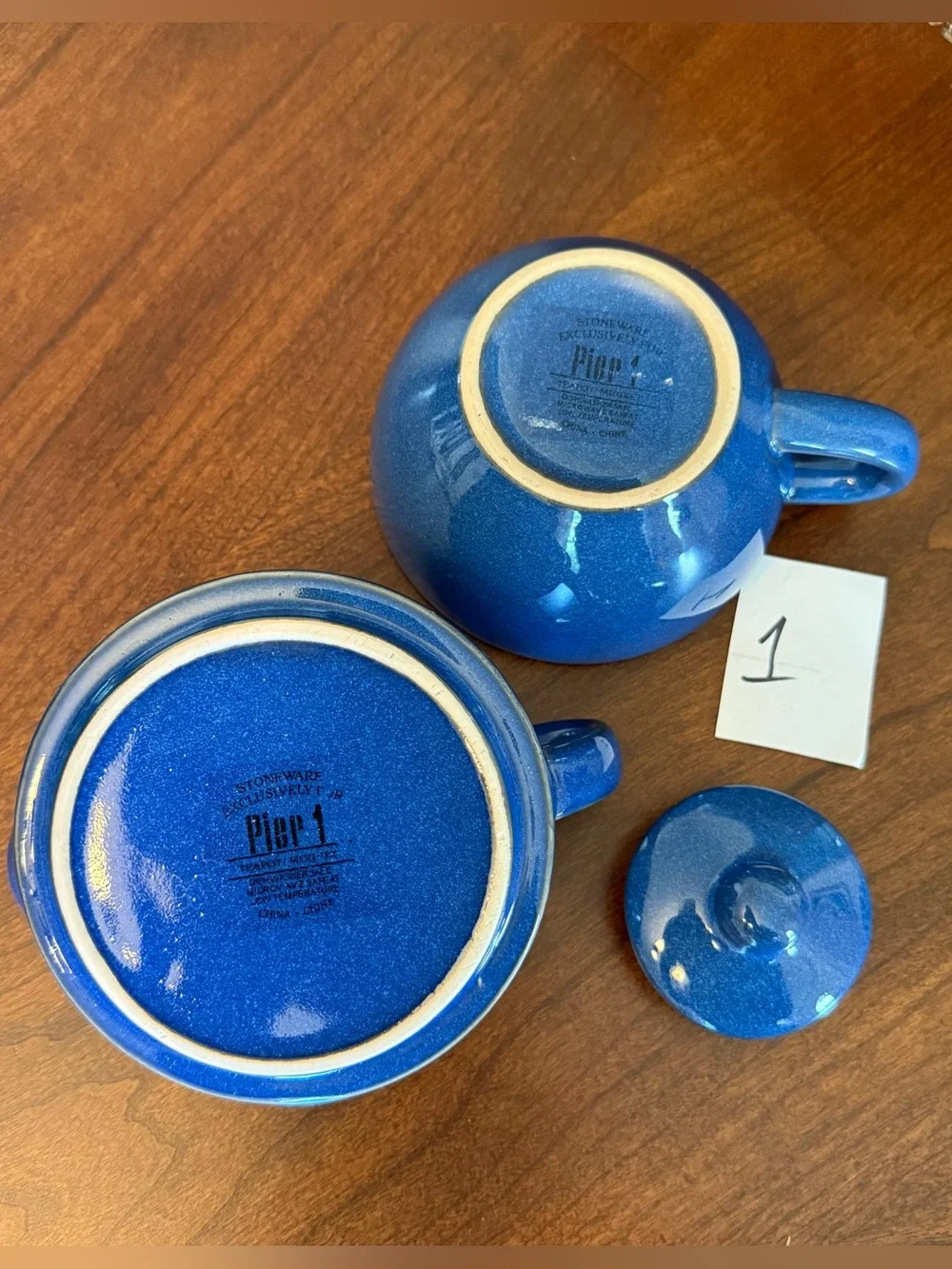 Pier 1 Blue Stoneware Tea for One Stackable 3-Piece Set with Teapot, Lid and Cup